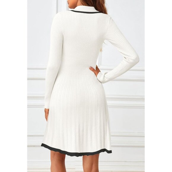 Merokeety Women's White Long Sleeve V Neck Button Knit Pleated Sweater Dress - Picture 4 of 7